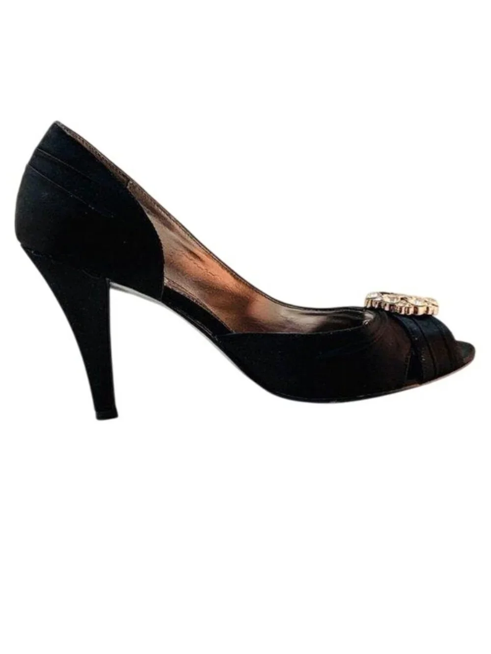 Style & Co Black Satin Peep Toe Heels With Rhinestone Embellishment
